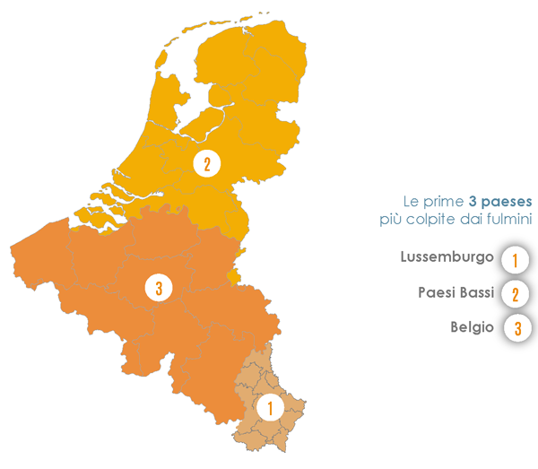 Le zone più colpite dai fulmini in Benelux